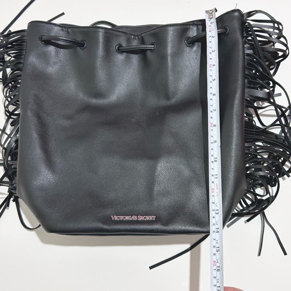 Victoria's Secret black faux leather tassel fringe drawstring purse backpack - Picture 5 of 7